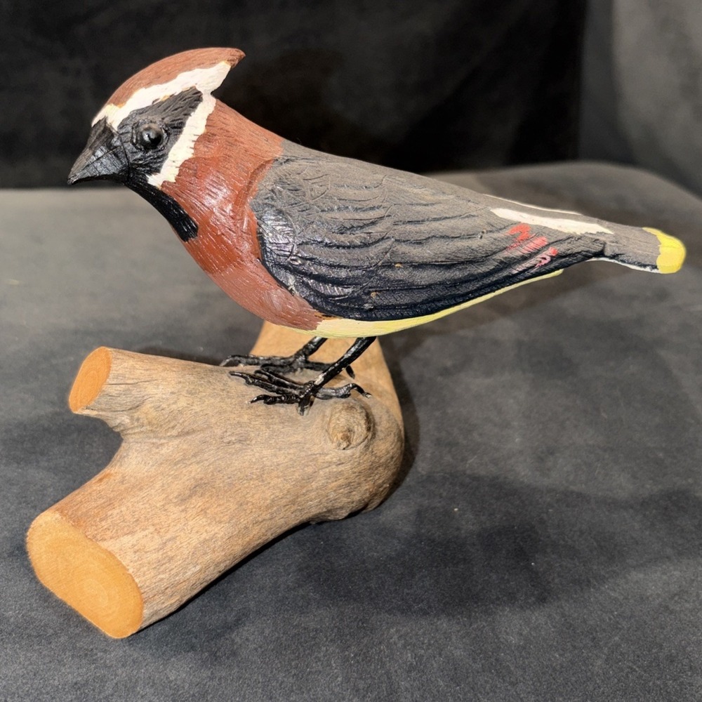 American Folk Art, Artist Signed Hand-Carved & Painted Wooden Cedar Waxwing Bird